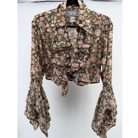 NC 17 Danielle Karen Tops - Vintage 90s Floral Tie Front Crop Top Bell Sleeve Ruffle Festival Boho Small